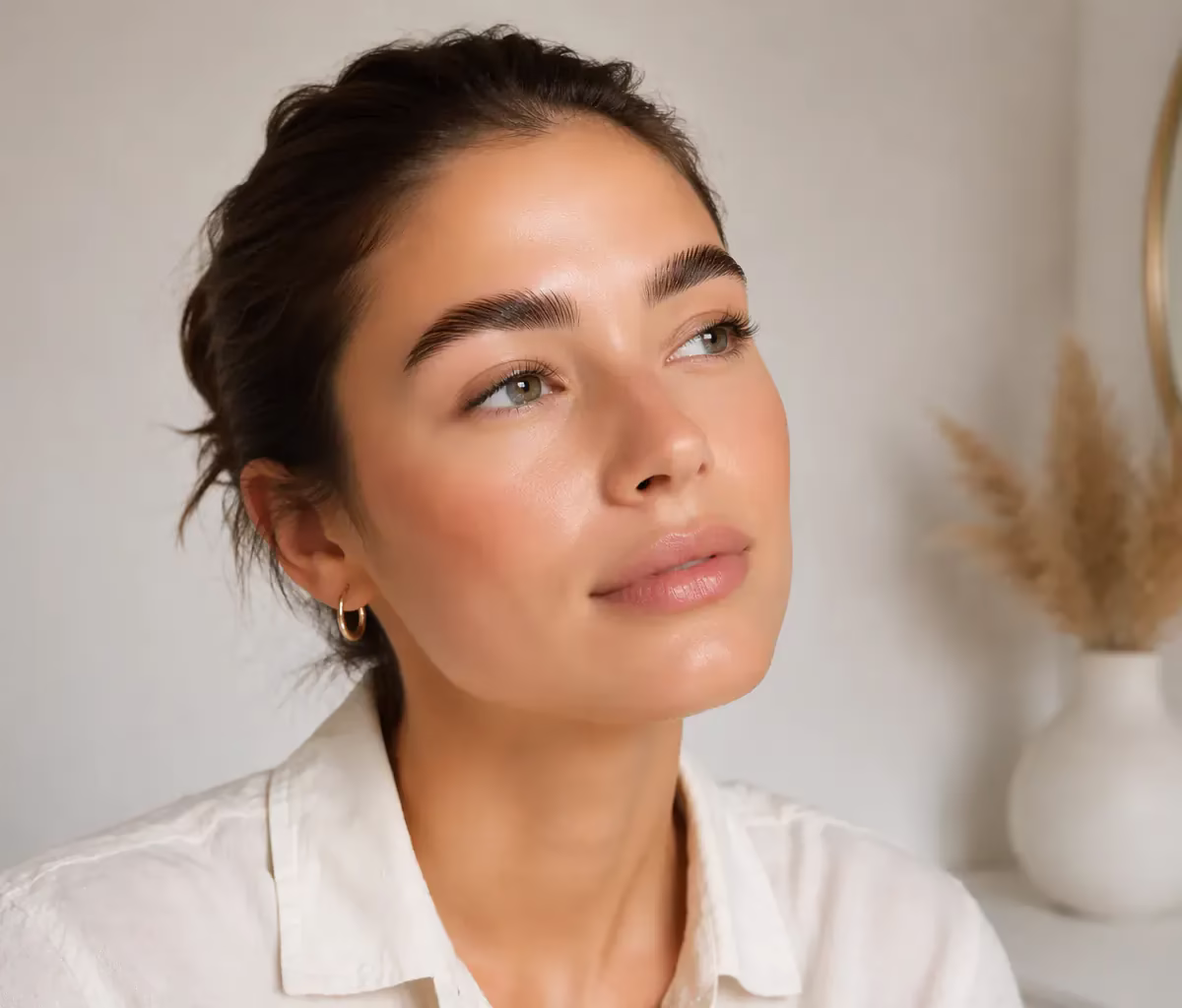 Nærbillede af løftede brynhår efter brow lift behandling - naturlig retning og fylde