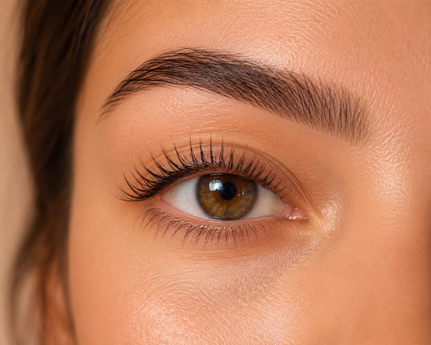 Nærbillede af øje med løftede naturlige vipper efter Lash Lift behandling